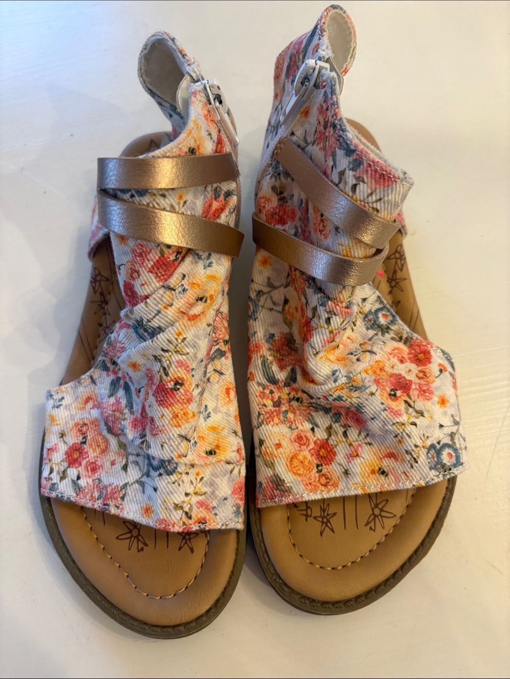 Girls Floral Open-Toe Sandals with Rose Gold Straps